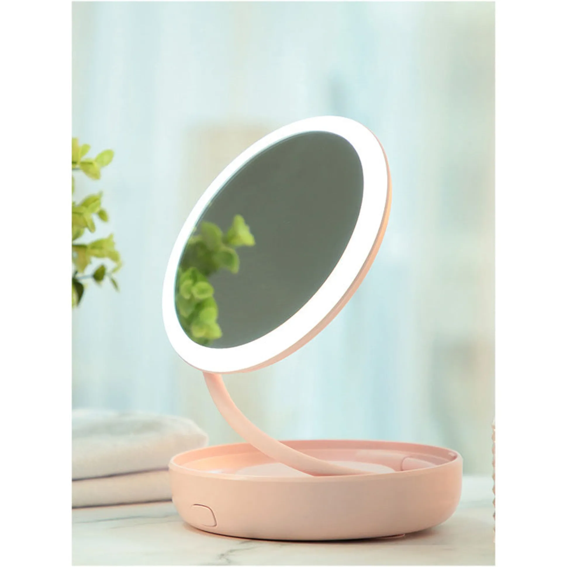 Specchio Rosa Da Tavolo Girevole A 360° Con Led